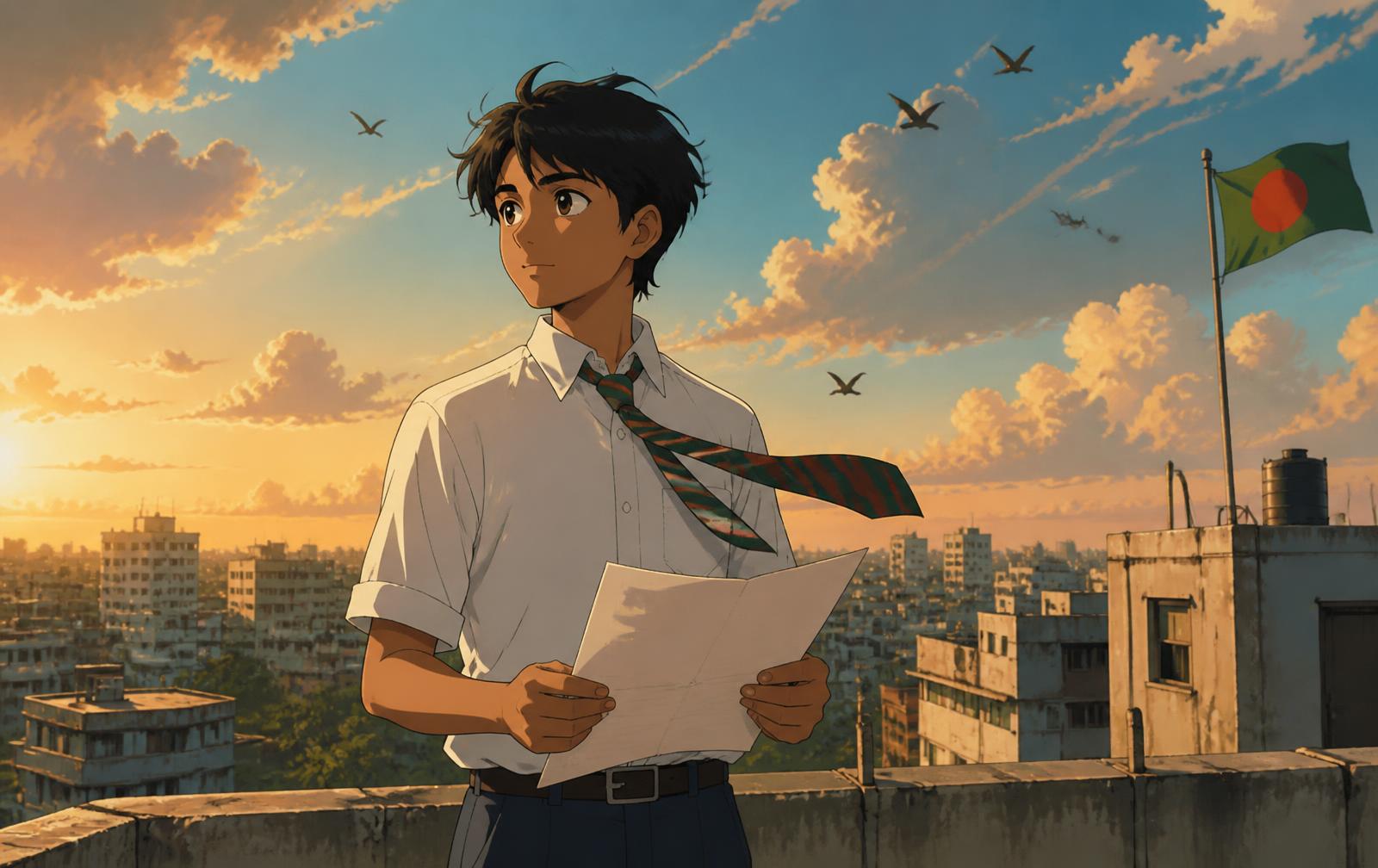 Anime illustration of a student on a rooftop holding a result sheet at sunset